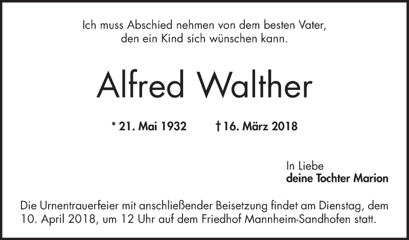 Traueranzeigen Von Alfred Walther Trauerportal Ihrer Tageszeitung