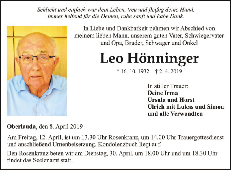 Traueranzeigen von Leo Hönninger Trauerportal Ihrer Tageszeitung