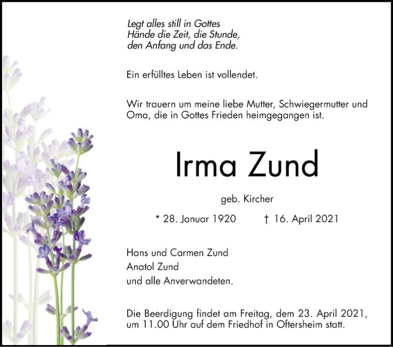 Traueranzeigen Von Irma Zund Trauerportal Ihrer Tageszeitung