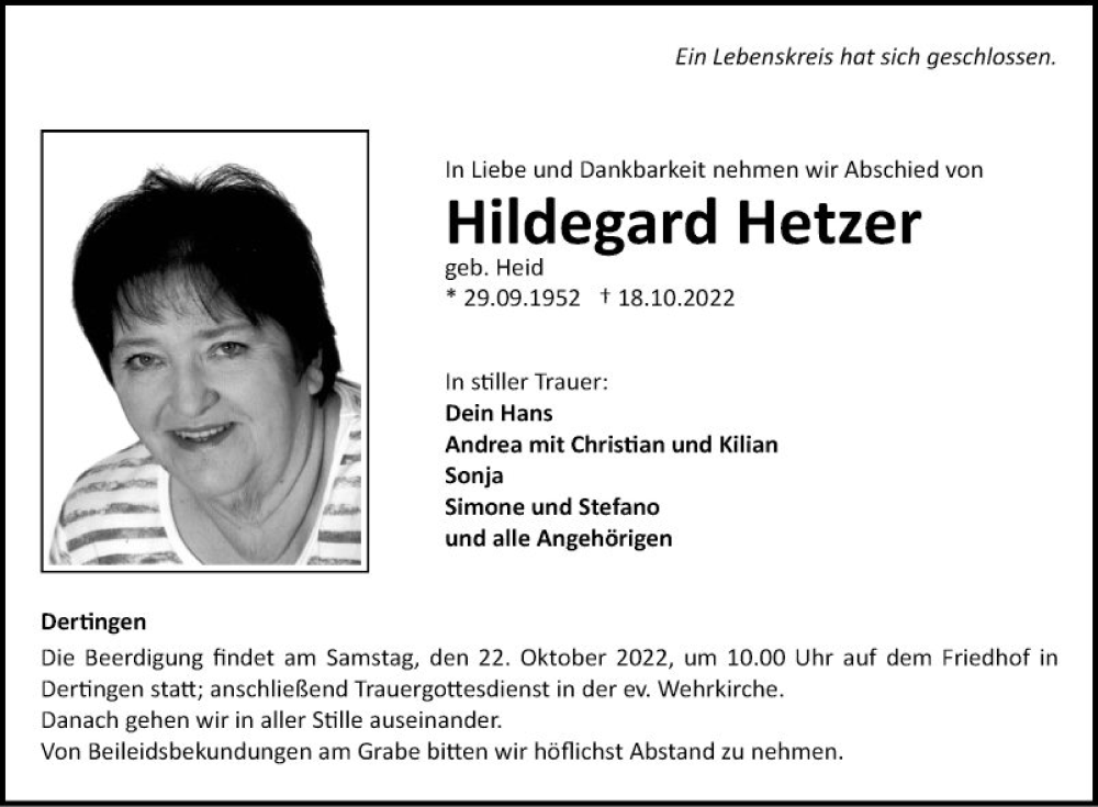 Traueranzeigen Von Hildegard Hetzer Trauerportal Ihrer Tageszeitung