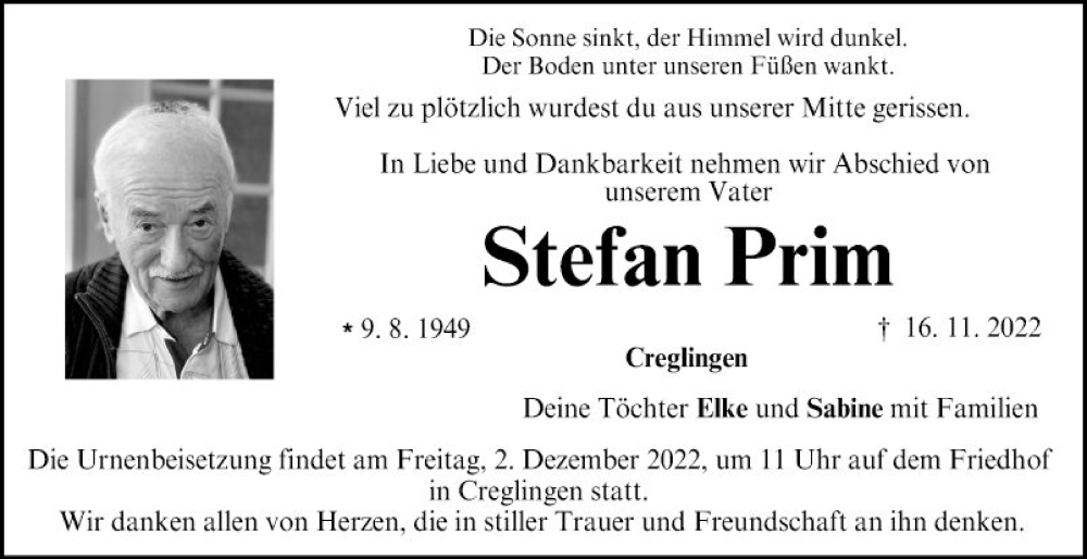 Traueranzeigen Von Stefan Prim Trauerportal Ihrer Tageszeitung