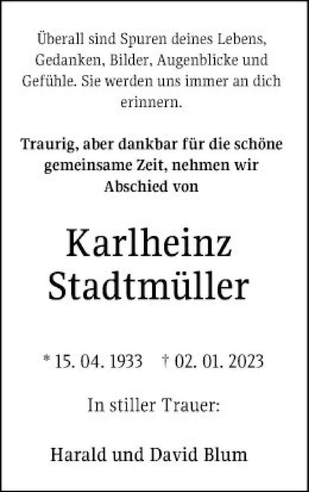 Traueranzeigen von Karlheinz Stadtmüller Trauerportal Ihrer Tageszeitung