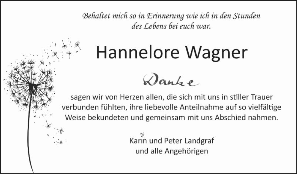 Traueranzeigen Von Hannelore Wagner Trauerportal Ihrer Tageszeitung