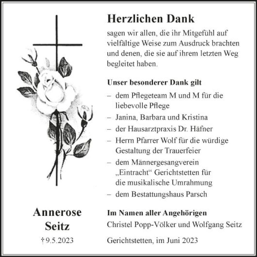 Traueranzeigen Von Annerose Seitz Trauerportal Ihrer Tageszeitung