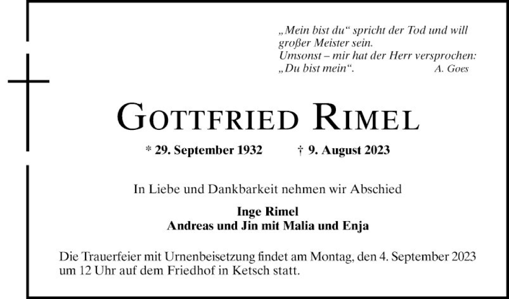 Traueranzeigen Von Gottfried Rimel Trauerportal Ihrer Tageszeitung