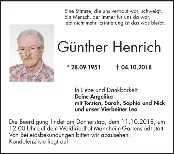 Traueranzeige von Günther Heinrich 