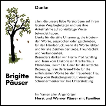 Traueranzeige von Brigitte Päuser von Mannheimer Morgen