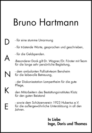 Traueranzeige von Bruno Hartmann von Mannheimer Morgen