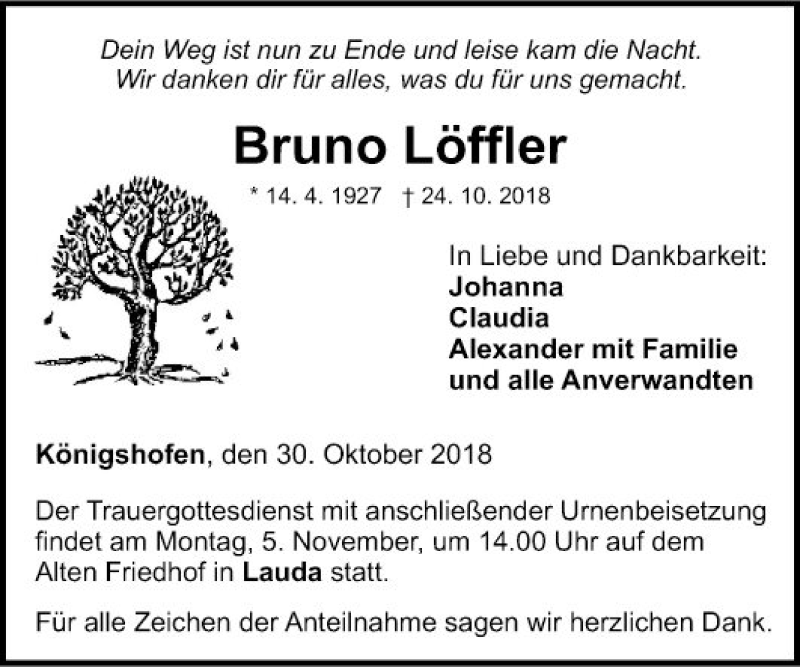  Traueranzeige für Bruno Löffler vom 30.10.2018 aus Fränkische Nachrichten