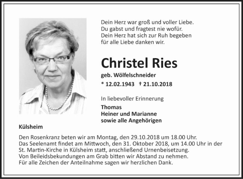  Traueranzeige für Christel Ries vom 26.10.2018 aus Fränkische Nachrichten