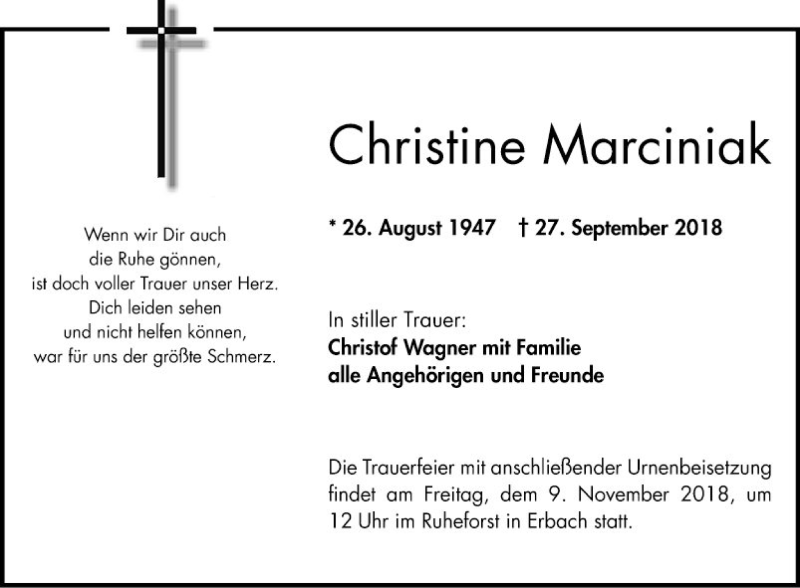 Traueranzeigen von Christine Marciniak | Trauerportal Ihrer Tageszeitung