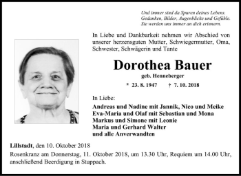 Traueranzeige von Dorothea Bauer von Fränkische Nachrichten