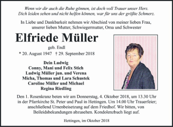 Traueranzeige von Elfriede Müller von Fränkische Nachrichten