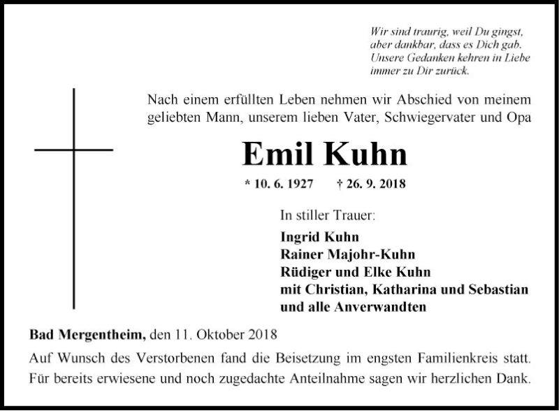  Traueranzeige für Emil Kuhn vom 11.10.2018 aus Fränkische Nachrichten