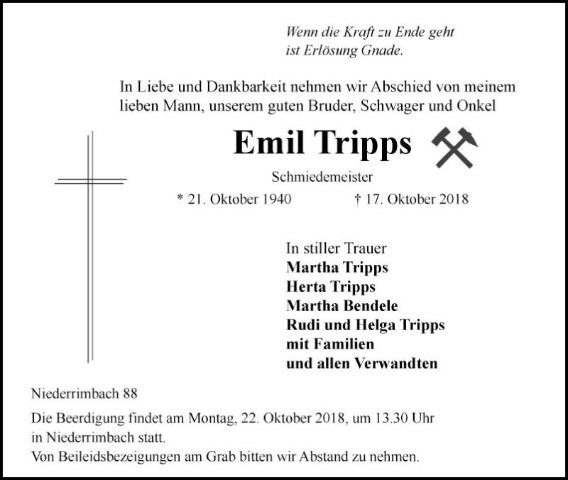  Traueranzeige für Emil Tripps vom 19.10.2018 aus Fränkische Nachrichten