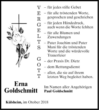 Traueranzeige von Erna Goldschmitt von Fränkische Nachrichten