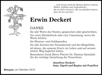 Traueranzeige von Erwin Deckert von Fränkische Nachrichten