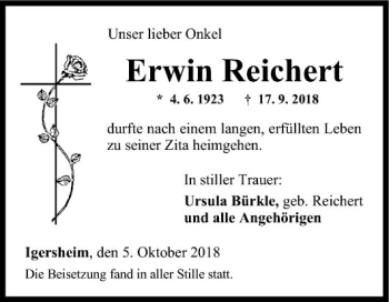 Traueranzeige von Erwin Reichert von Fränkische Nachrichten