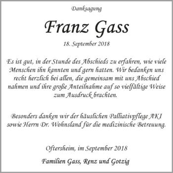 Traueranzeige von Franz Gass 