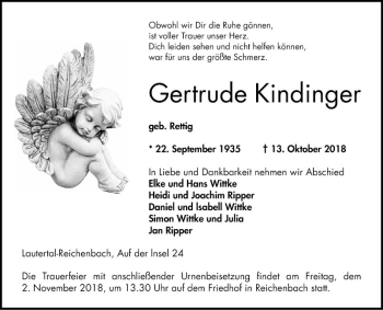 Traueranzeige von Gertrude Kindinger von Bergsträßer Anzeiger