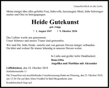 Traueranzeige von Heide Gutekunst von Fränkische Nachrichten