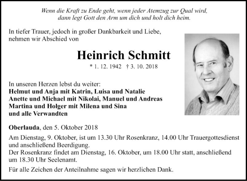  Traueranzeige für Heinrich Schmitt vom 05.10.2018 aus Fränkische Nachrichten