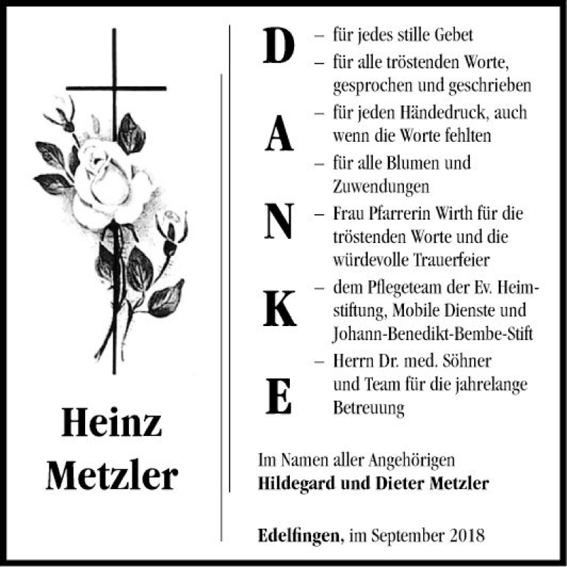  Traueranzeige für Heinz Metzler vom 05.10.2018 aus Fränkische Nachrichten