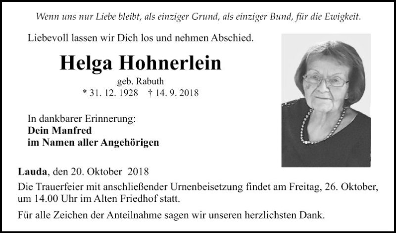  Traueranzeige für Helga Hohnerlein vom 20.10.2018 aus Fränkische Nachrichten
