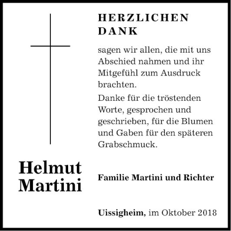  Traueranzeige für Helmut Martini vom 06.10.2018 aus Fränkische Nachrichten