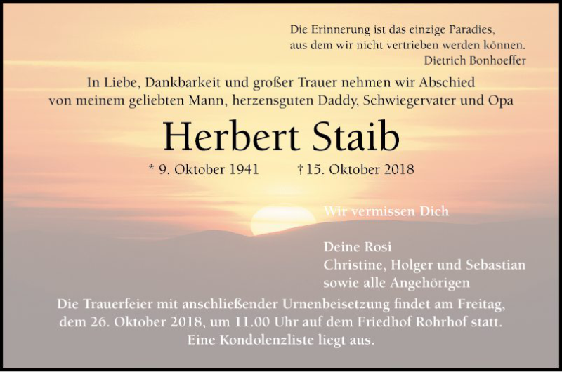  Traueranzeige für Herbert Staib vom 20.10.2018 aus Schwetzinger Zeitung