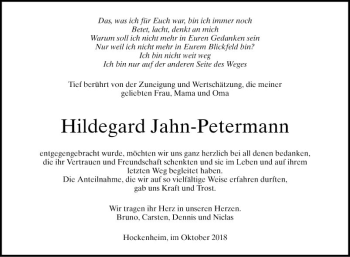 Traueranzeige von Hildegard Jahn-Petermann von Schwetzinger Zeitung