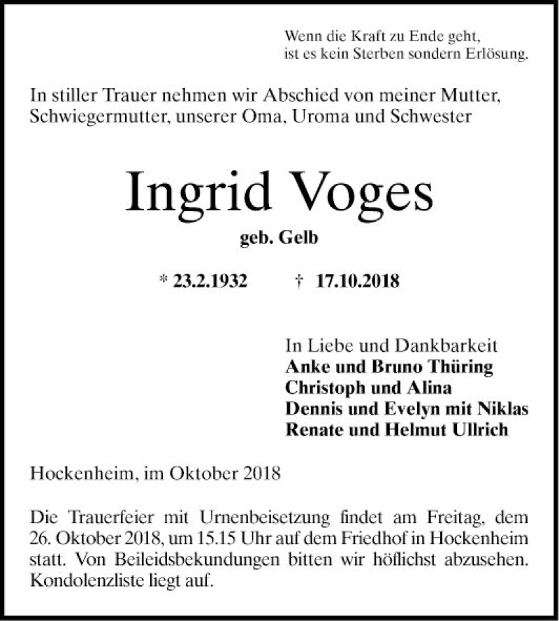 Traueranzeige für Ingrid Voges vom 23.10.2018 aus Schwetzinger Zeitung