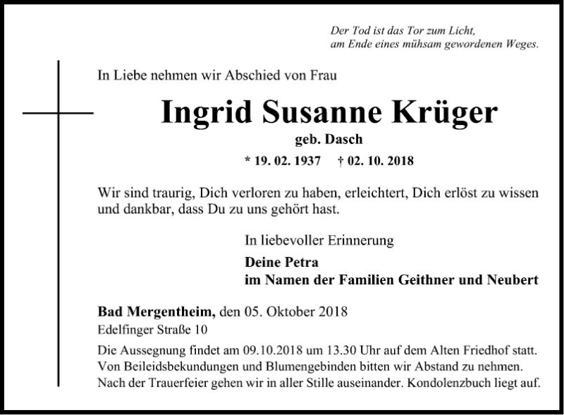  Traueranzeige für Ingrid Susanne Krüger vom 05.10.2018 aus Fränkische Nachrichten
