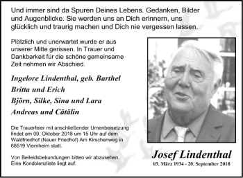 Traueranzeige von Josef Lindenthal von Südhessen Morgen