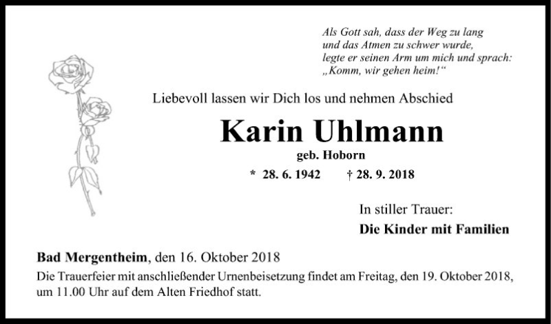 Traueranzeige für Karin Uhlmann vom 16.10.2018 aus Fränkische Nachrichten