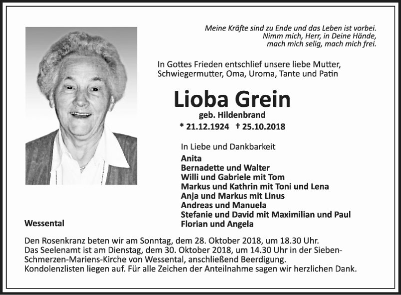  Traueranzeige für Lioba Grein vom 27.10.2018 aus Fränkische Nachrichten