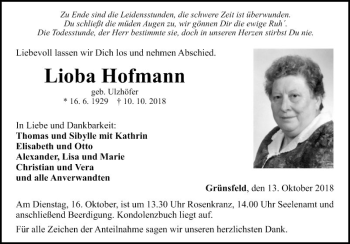 Traueranzeige von Lioba Hofmann von Fränkische Nachrichten