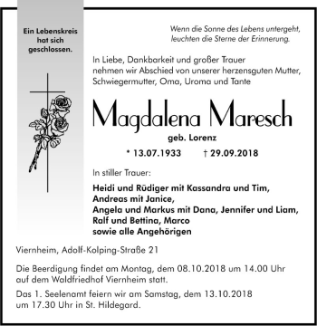 Traueranzeige von Magdalena Maresch von Südhessen Morgen
