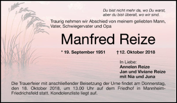 Traueranzeige von Manfred Reize von Mannheimer Morgen