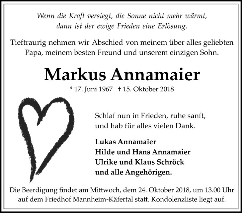  Traueranzeige für Markus Annamaier vom 20.10.2018 aus Mannheimer Morgen