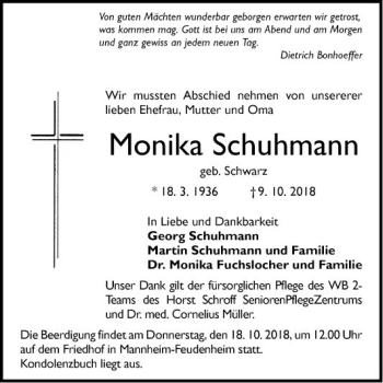 Traueranzeige von Monika Schuhmann von Mannheimer Morgen