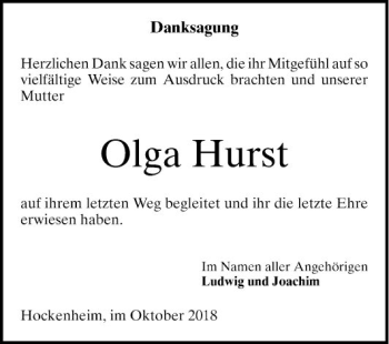 Traueranzeige von Olga Hurst von Schwetzinger Zeitung