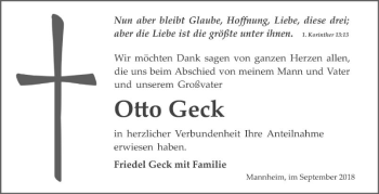 Traueranzeige von Otto Geck von Mannheimer Morgen