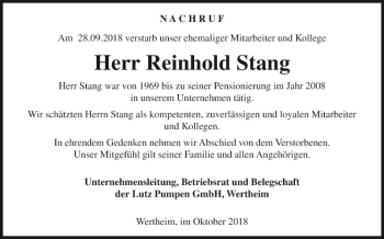 Traueranzeige von Reinhold Stang von Fränkische Nachrichten