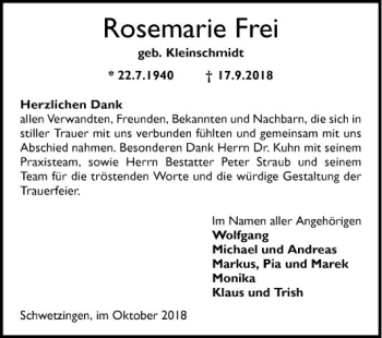 Traueranzeige von Rosemarie Frei von Schwetzinger Zeitung