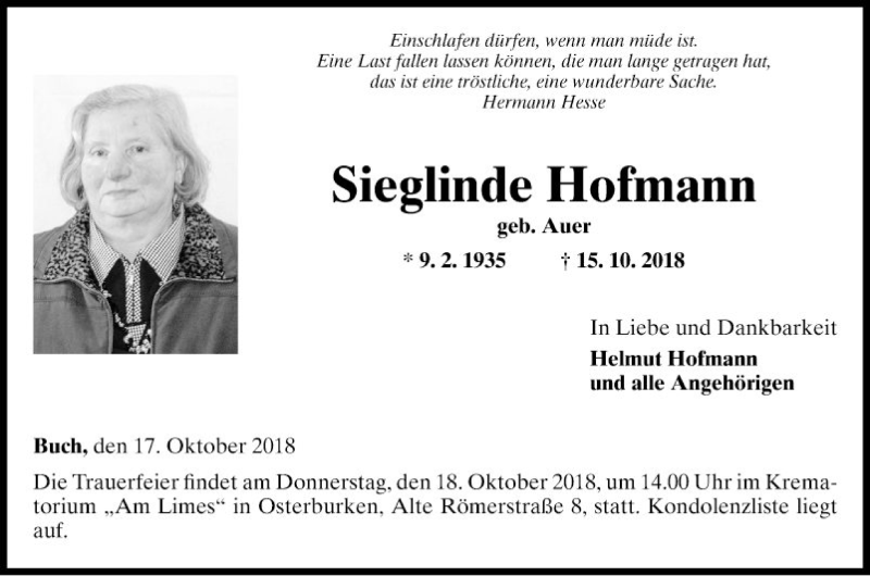 Traueranzeigen von Sieglinde Hofmann | Trauerportal Ihrer Tageszeitung
