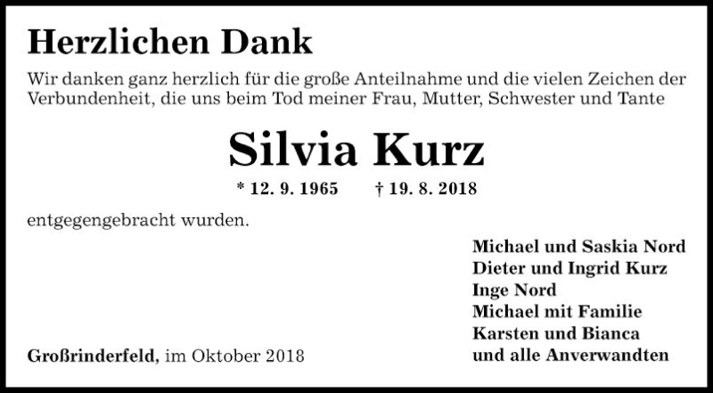  Traueranzeige für Silvia Kurz vom 06.10.2018 aus Fränkische Nachrichten