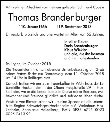 Traueranzeige von Thomas Brandenburger von Schwetzinger Zeitung