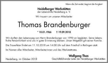 Traueranzeige von Thomas Brandenburger von Schwetzinger Zeitung