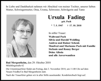 Traueranzeige von Ursula Fading von Fränkische Nachrichten